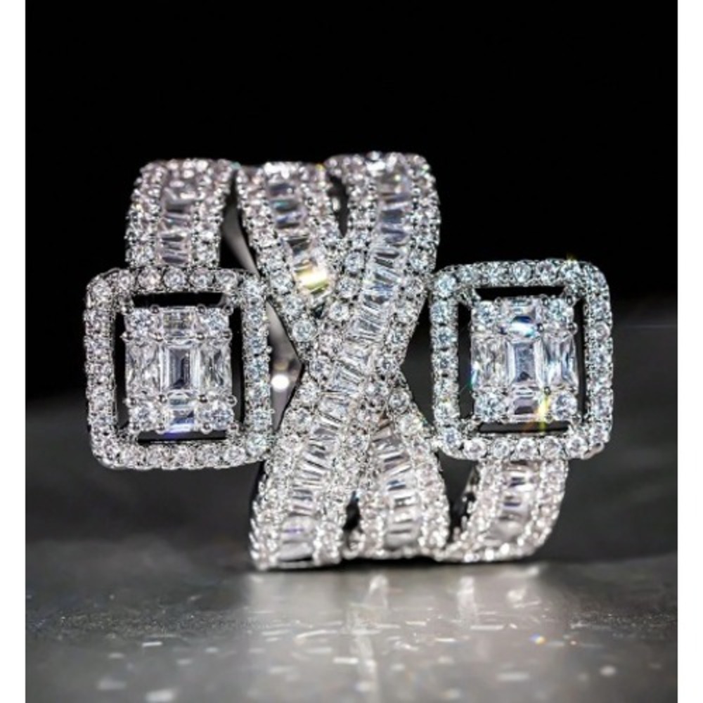 Silver Tone Cubic Zirconia Baguette Crossover Statement Cocktail Ring Size 7 - Picture 2 of 3